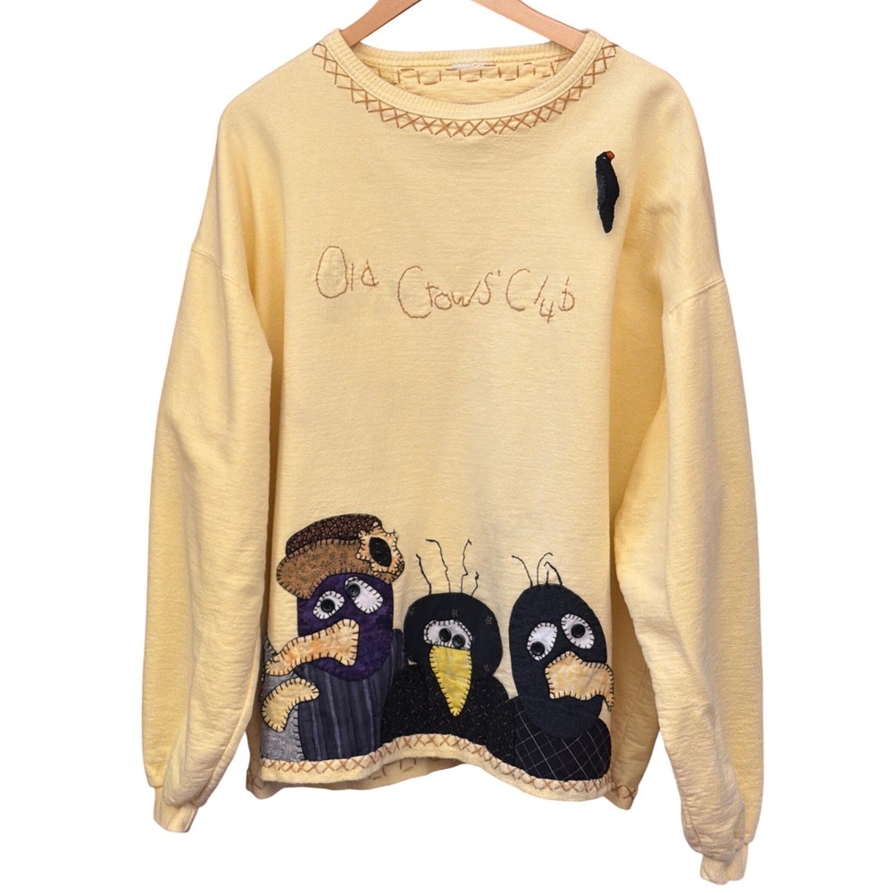 90's Vintage Old Crows Club Sweatshirt Folk Art Cottagecore Grandma Whimsical